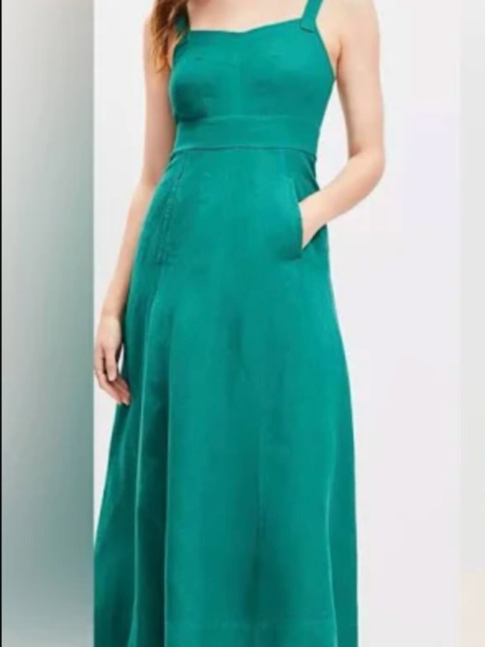 LOFT Linen Blend Seamed Midi Pocket Dress in Evergreen, US 4